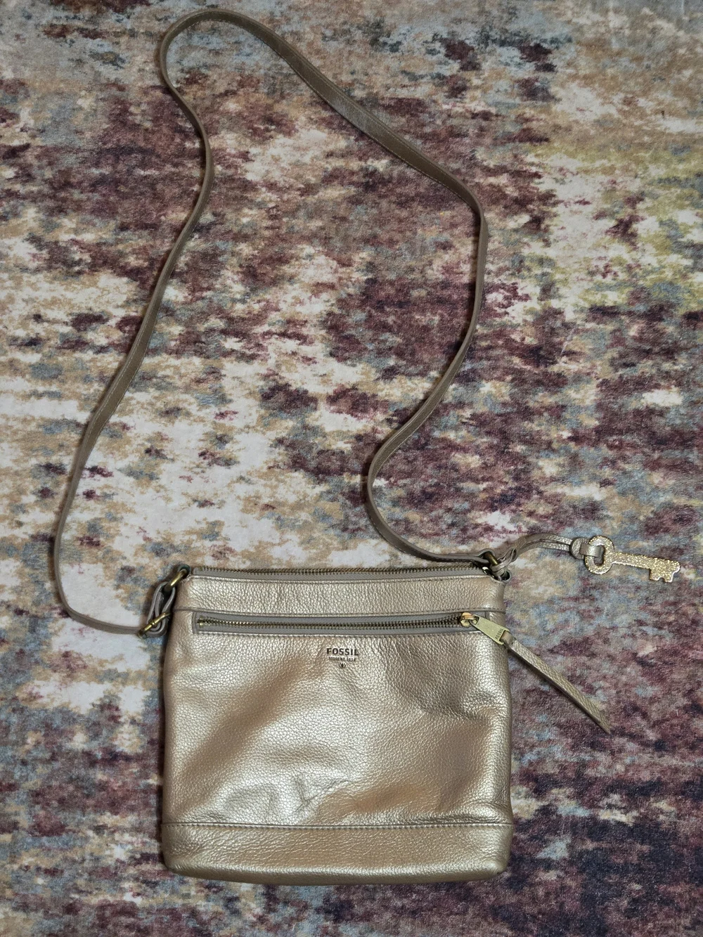 Fossil Metallic Champagne Leather Mini Crossbody Bag